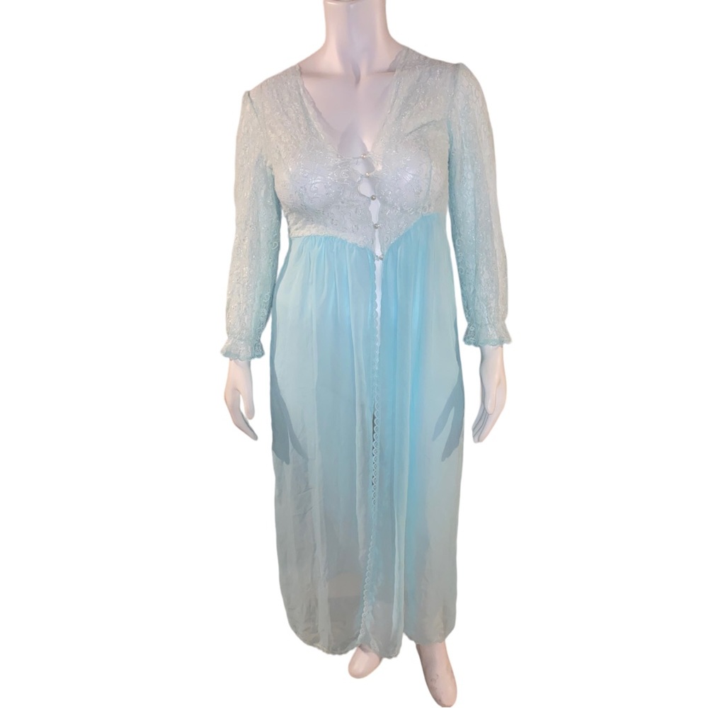 Vintage Sleepwear Sugar Plum Large Light Blue Gown‎ Chemise Lace Fly Away Front